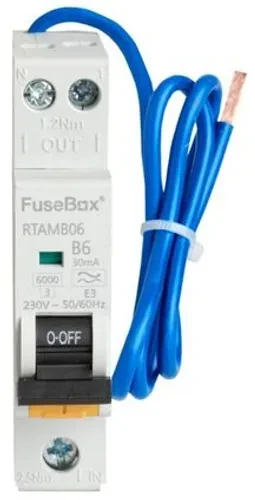 FuseBox RTAMB06 6A RCBO, 2 Poles, Type B, DIN Rail, 6kA